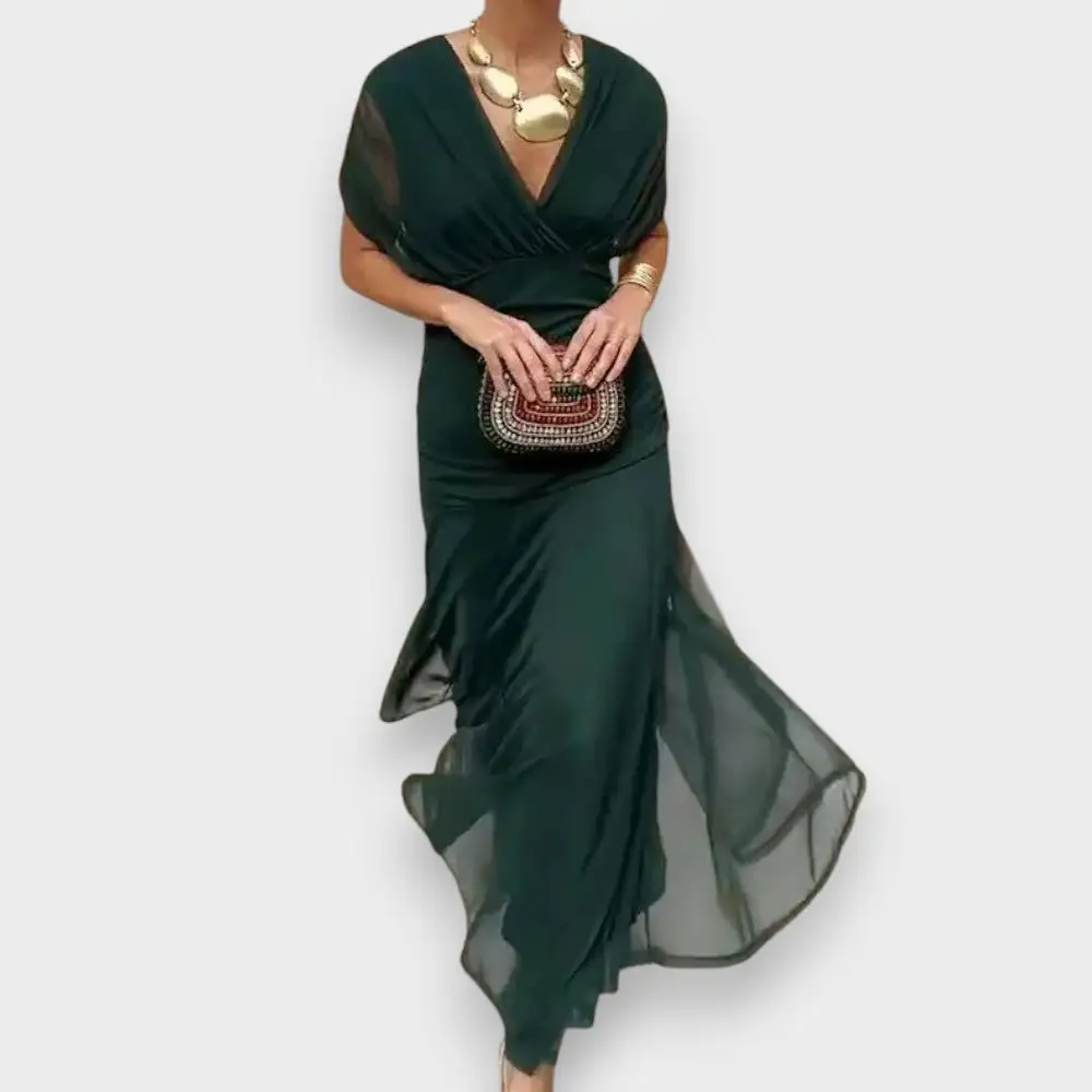 V-Neck Pleated Flowing Casual Dress