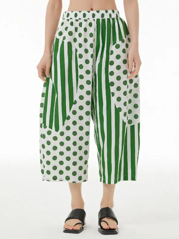 Women's Cropped Loose Fit Striped Polka Dot Pants
