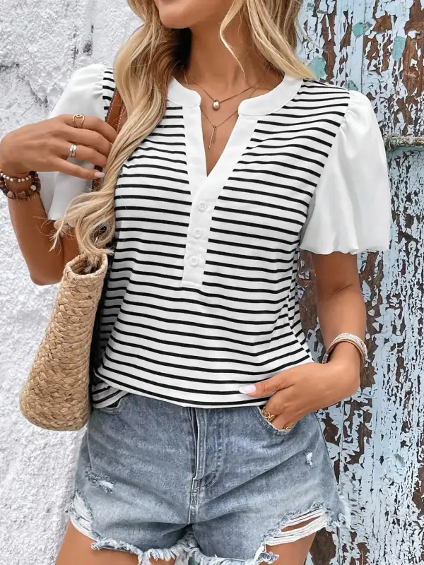 Refined Notched-Neck Short-Sleeve Striped T-Shirt