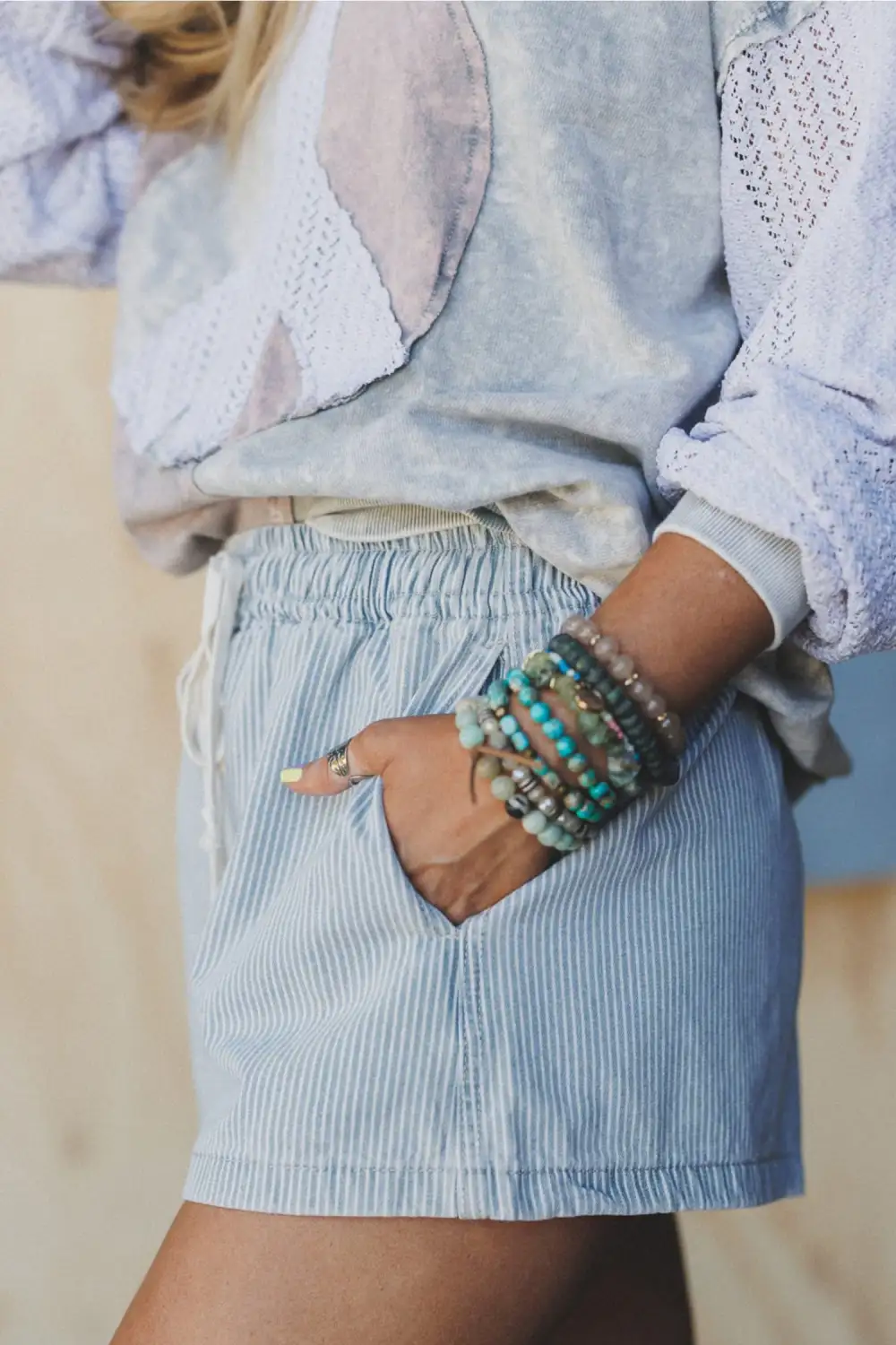 Striped Elastic Waist Drawstring Relaxed Fit Denim Shorts