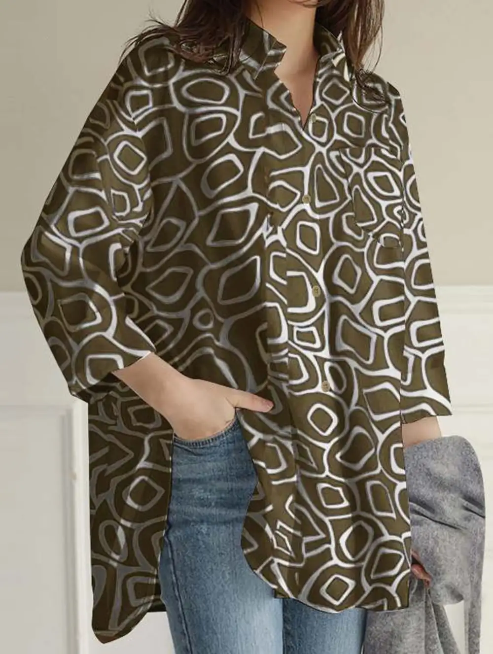 Printed Lapel Long-Sleeved Tunic Top