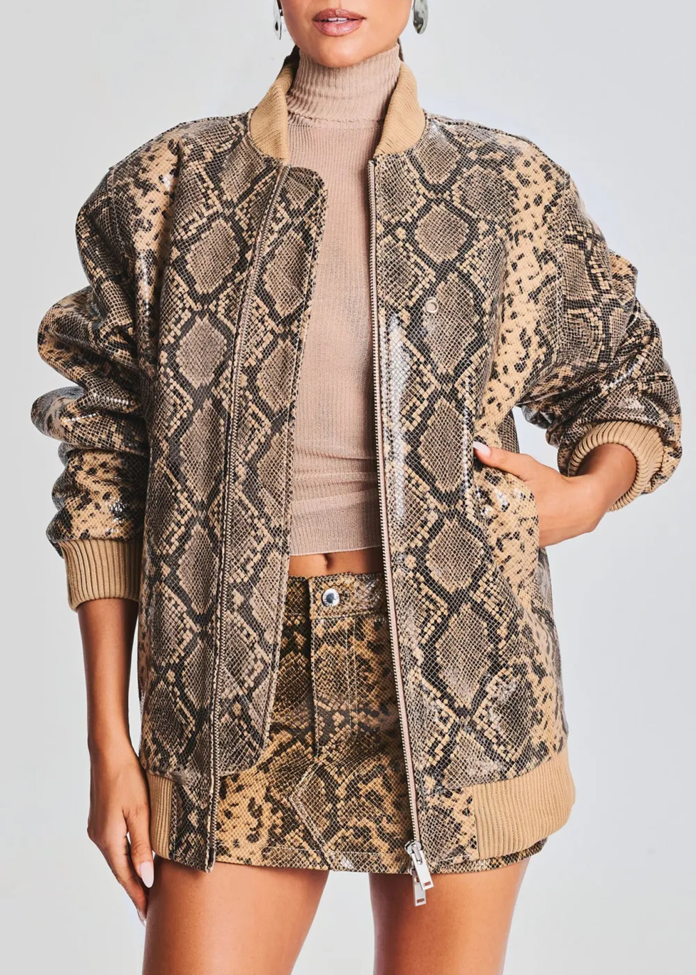 Crew Neck Leather Jacket