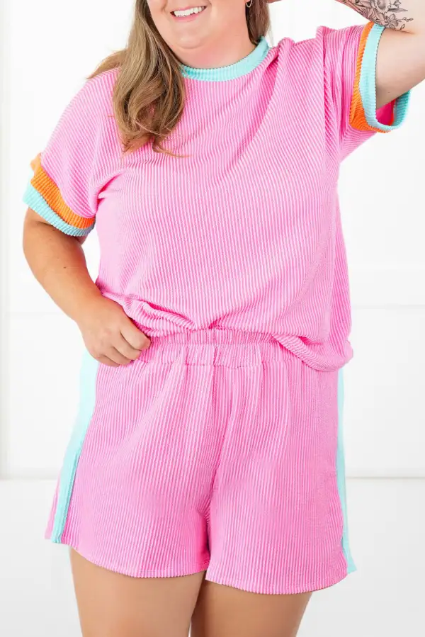 Women's Color Block Corded Knit Tee and Shorts Set