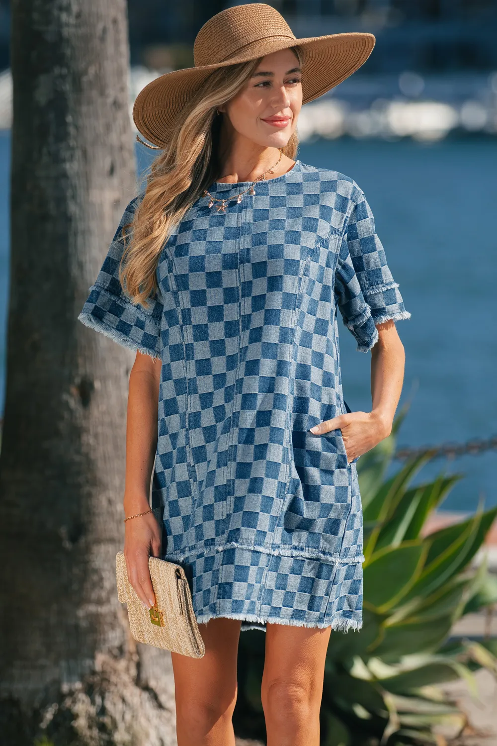 Blue Checkered Denim Mini Dress
