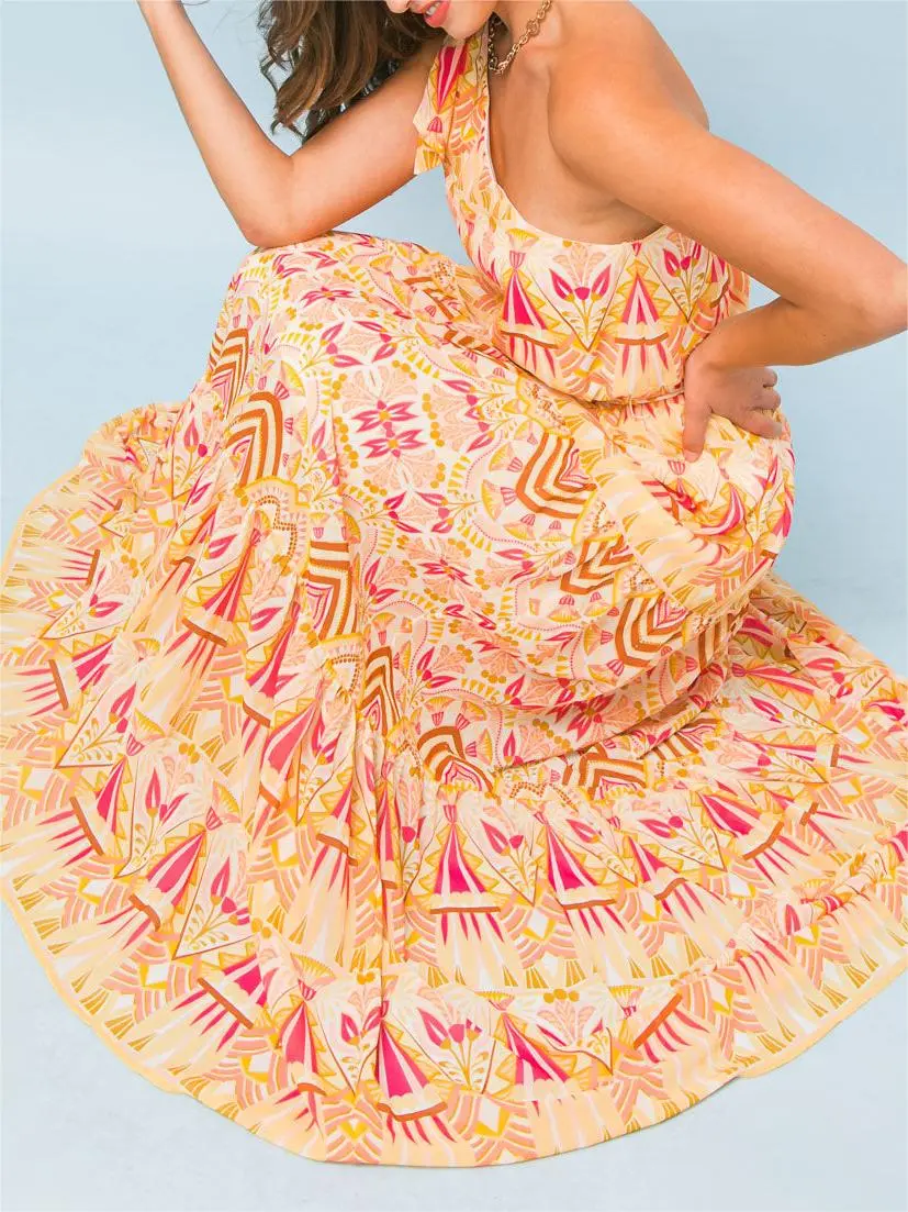 Printed One Shoulder Maxi Dress