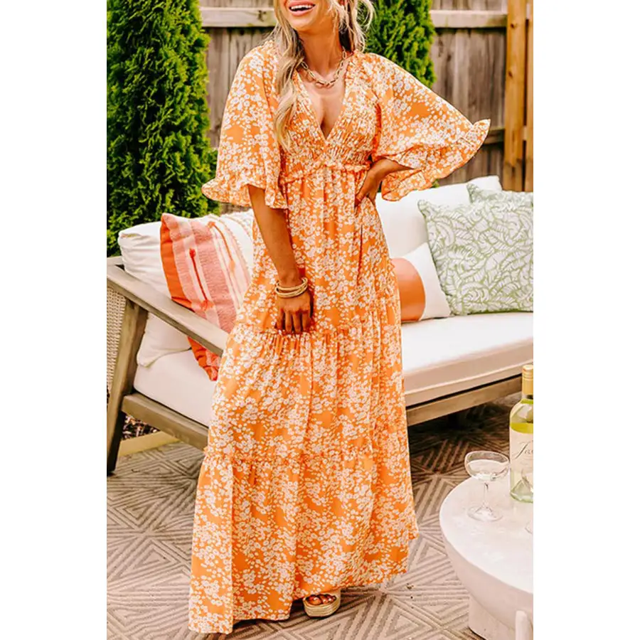 Relaxed Floral Print Smocked V Neck Wide Sleeve Maxi Dress