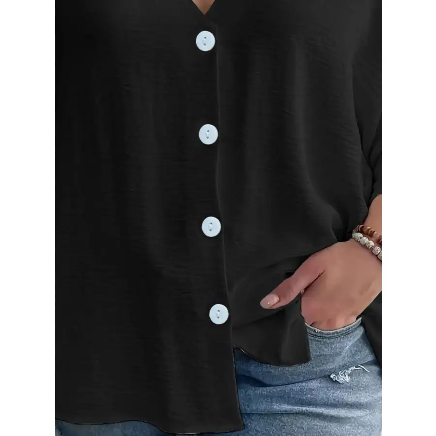 Full Size Casual V Neck Button Down Relaxed Fit Blouse Plus Size