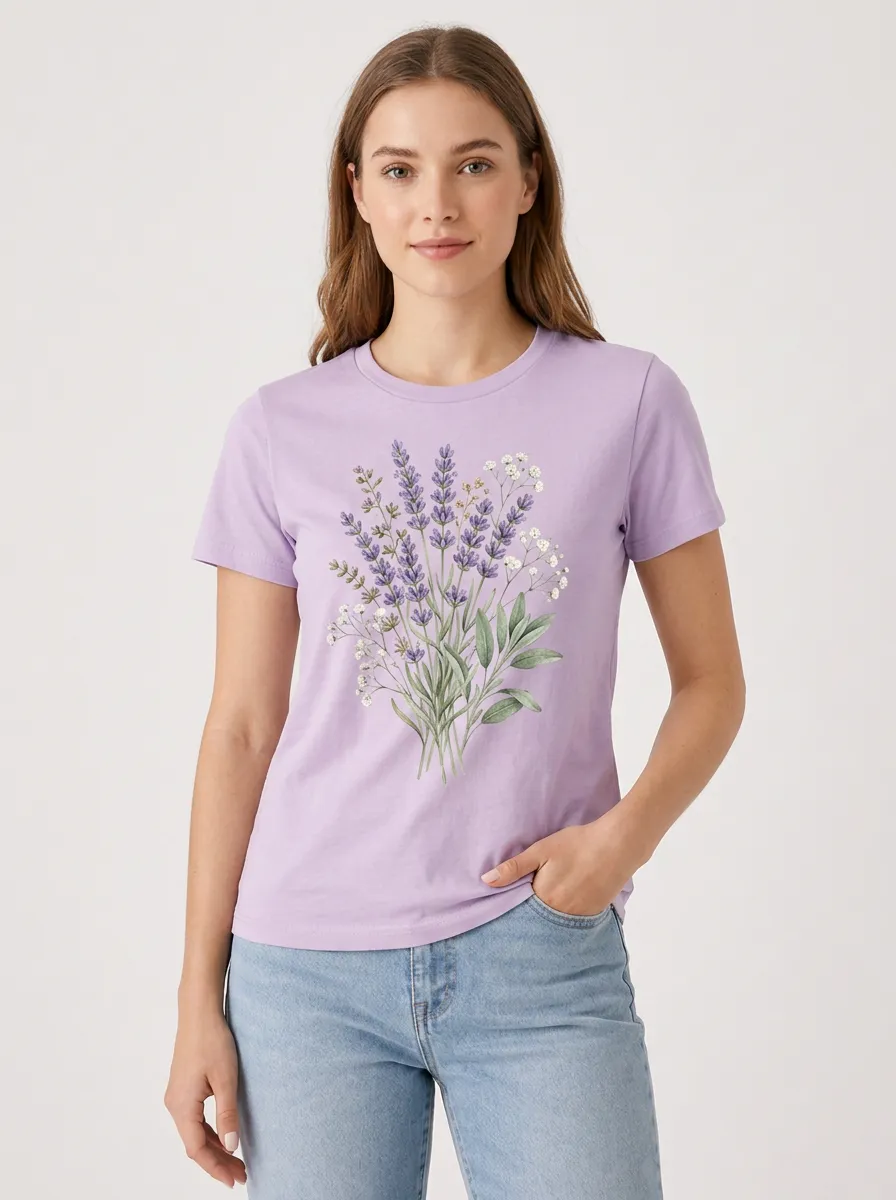 Women's Lavender Floral Bouquet Printed T-shirt