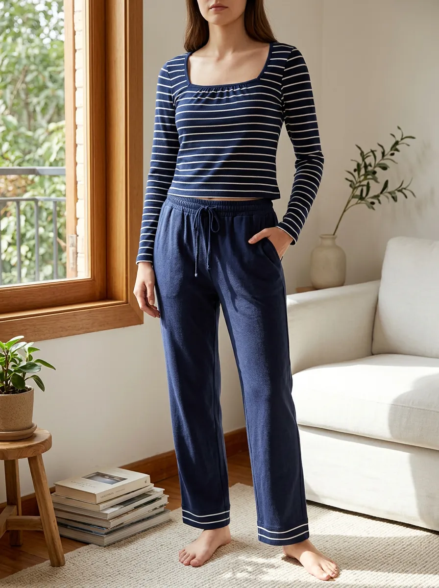 Women's Casual Lounge Striped Long Sleeve Top and Pants Printed Set