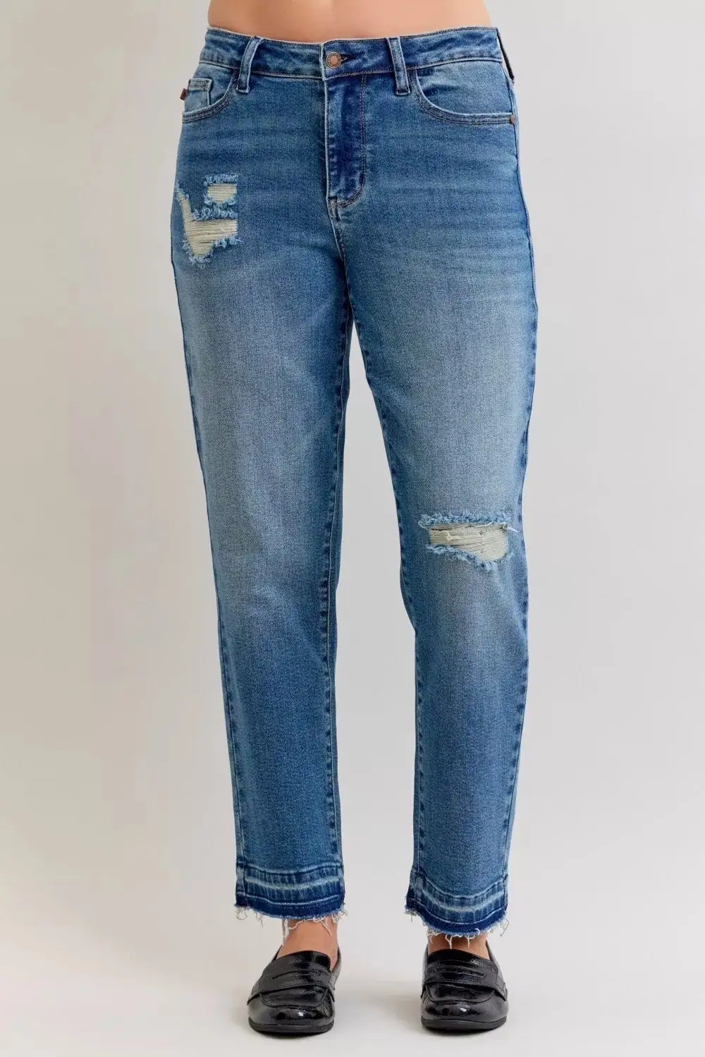 Mid Rise Raw Hem Distressed Boyfriend Jeans
