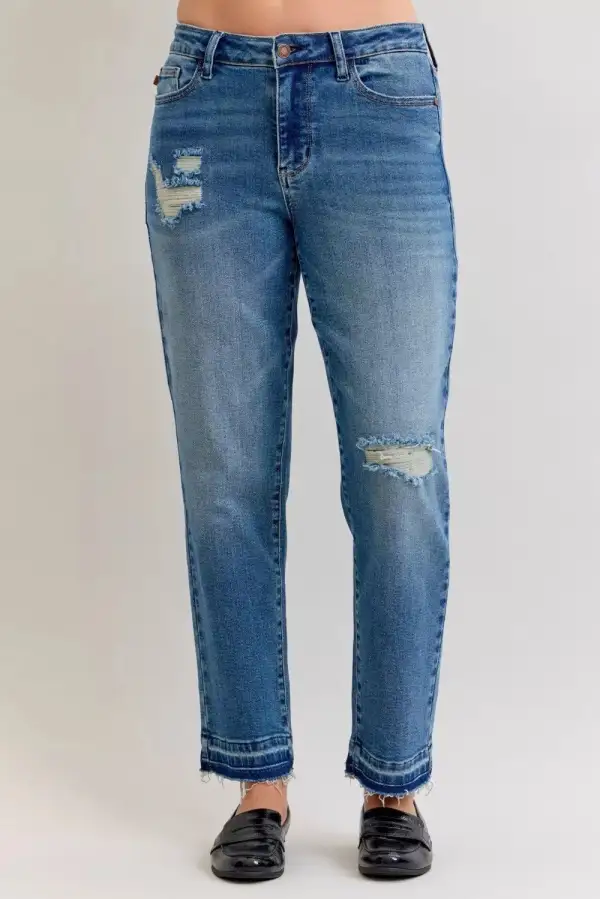 Mid Rise Raw Hem Distressed Boyfriend Jeans