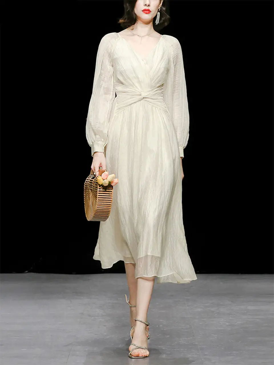 Bow V Neck Swing Swing Dress