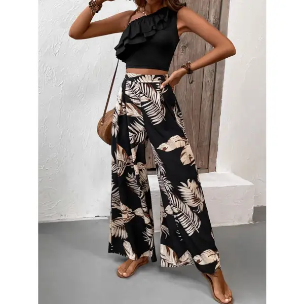 Ruffled Sleeveless Top and Printed Pants Set