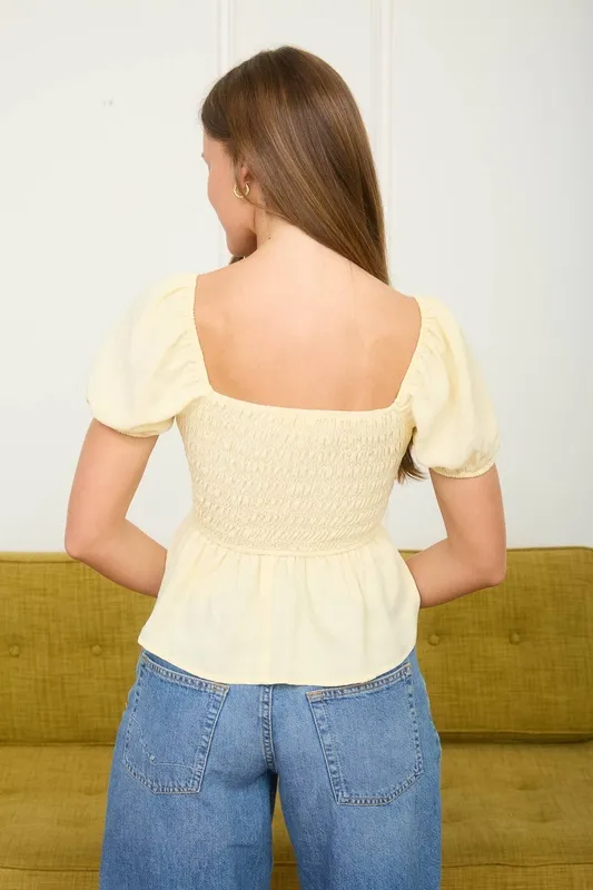 Front Tie Puff Sleeve Smocked Top