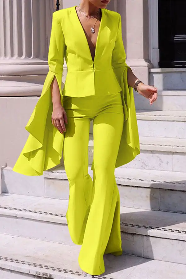 Solid Color Bell-Bottom Asymmetric Pant Set