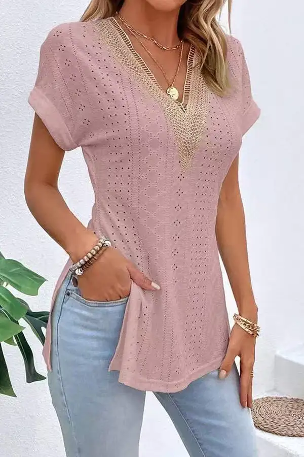 V Neck Patchwork Split Casual Tops