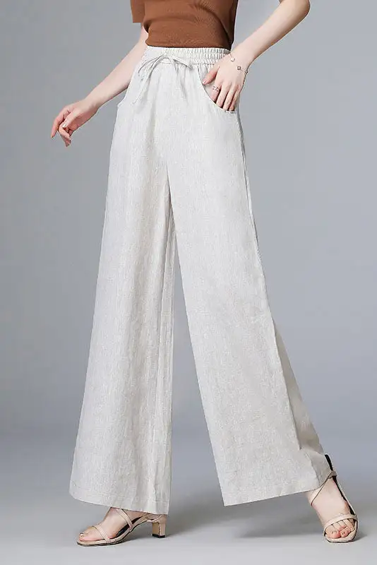 Polished Linen Wide Leg High Waist Pocketed Trousers