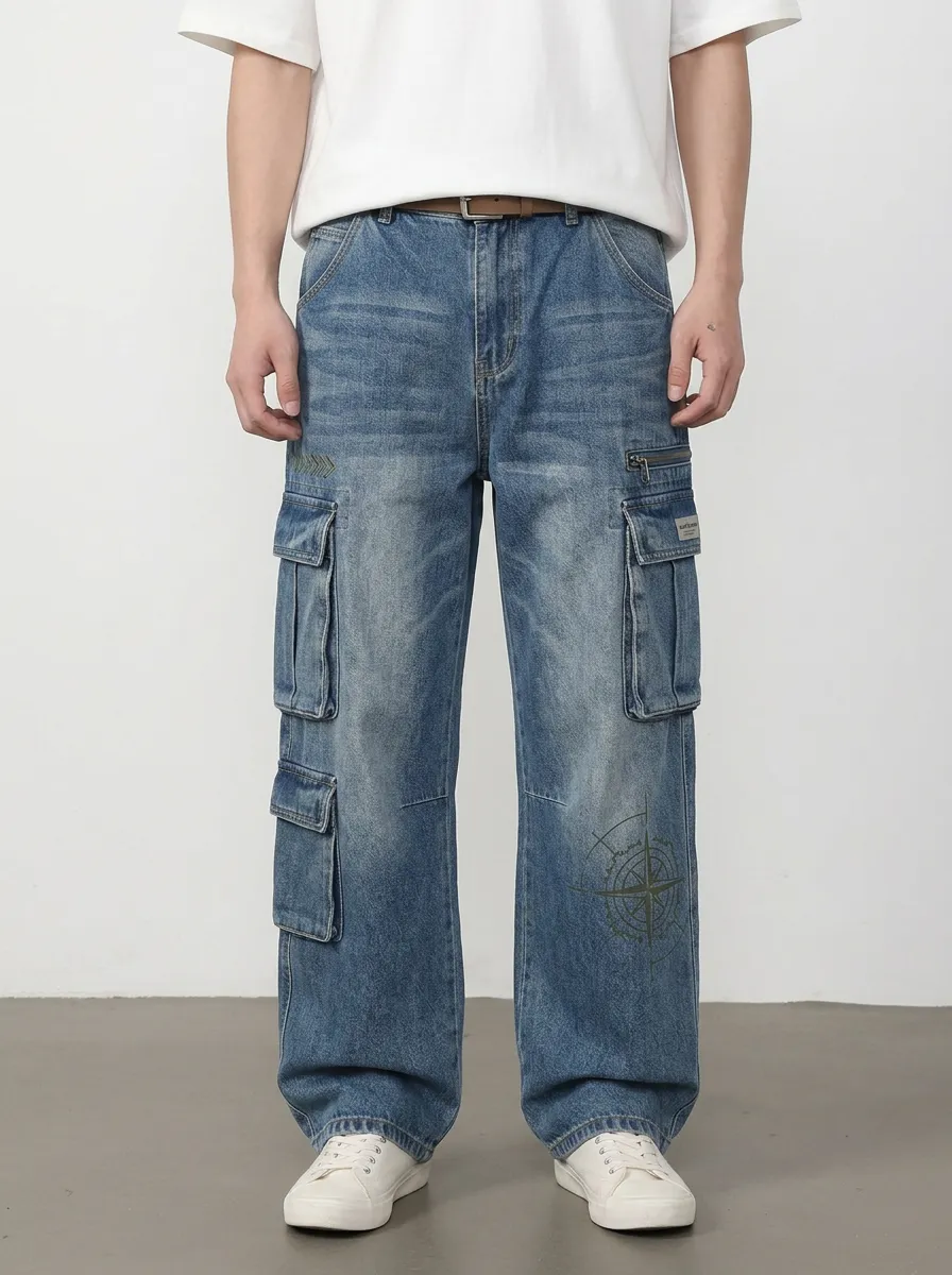 Men's Streetwear Compass Graphic Denim Cargo Jeans