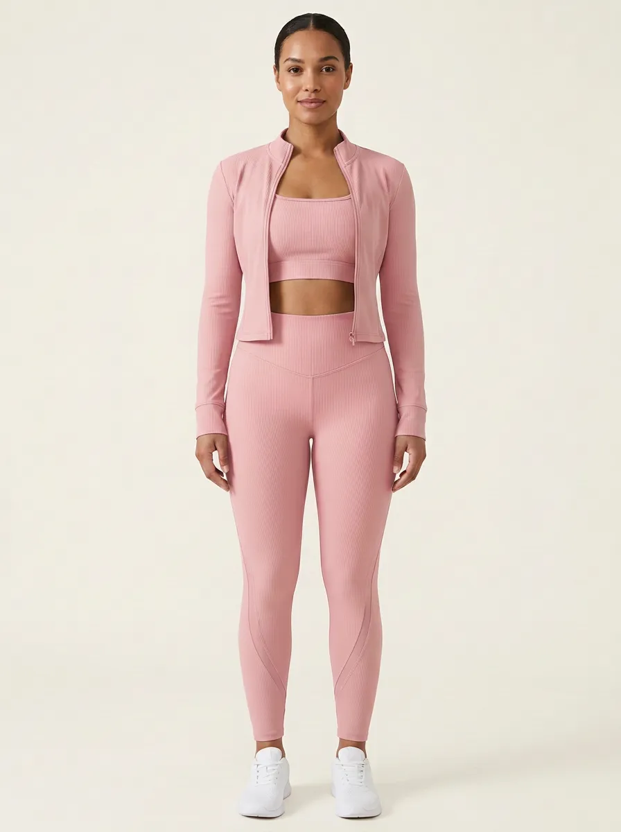 Performance-Inspired Ribbed Texture Zip Detail Utility Look Women's Three Piece Activewear Set