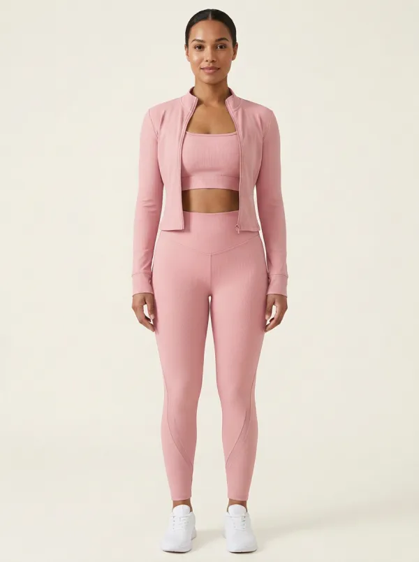 Performance-Inspired Ribbed Texture Zip Detail Utility Look Women's Three Piece Activewear Set
