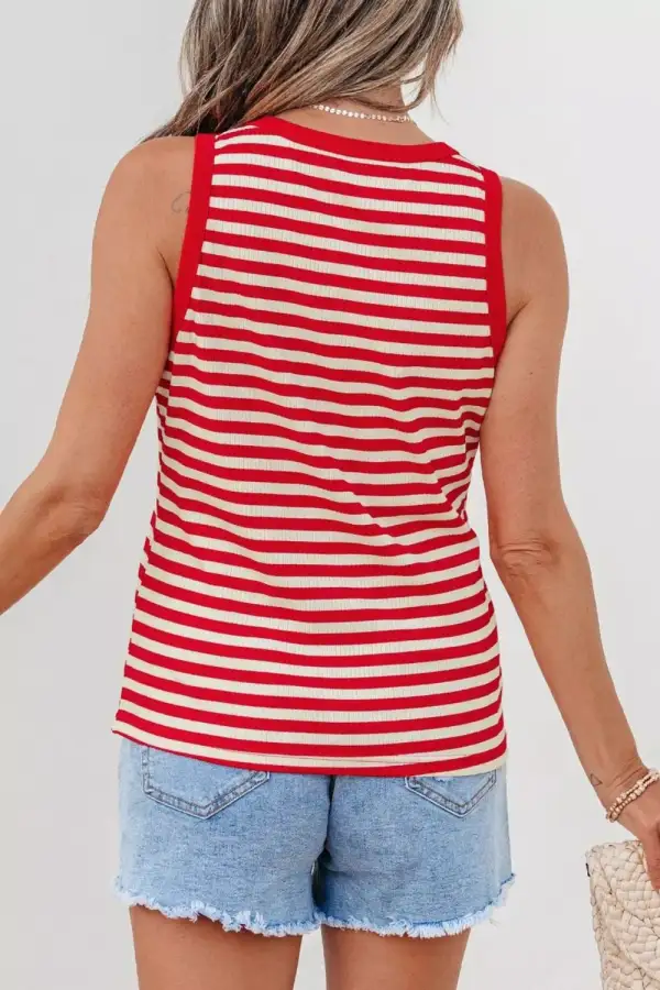 Buttoned Ribbed-Knit Striped Tank Top