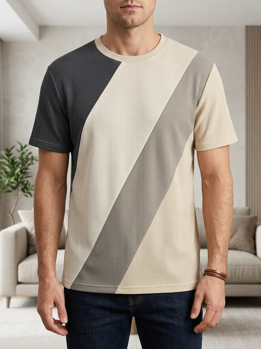 Men's Casual Waffle Knit Colorblock Diagonal Striped Crew Neck T-Shirt