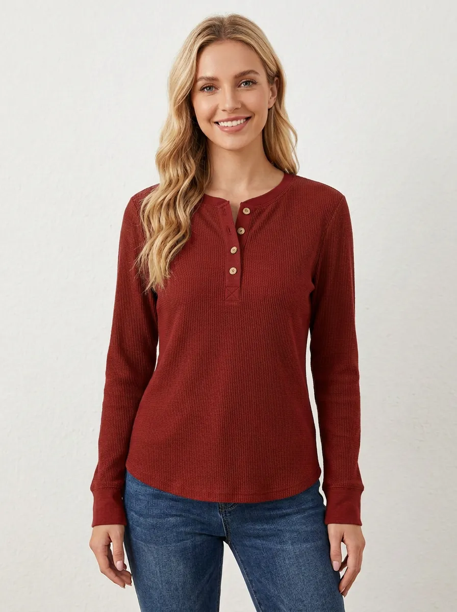 Women's Olive Green Waffle Knit Button Down Henley Shirt