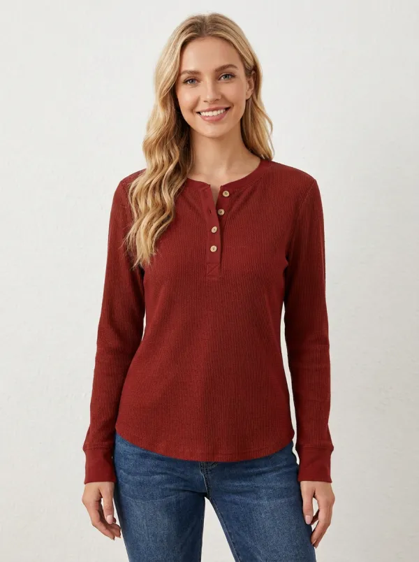 Women's Olive Green Waffle Knit Button Down Henley Shirt