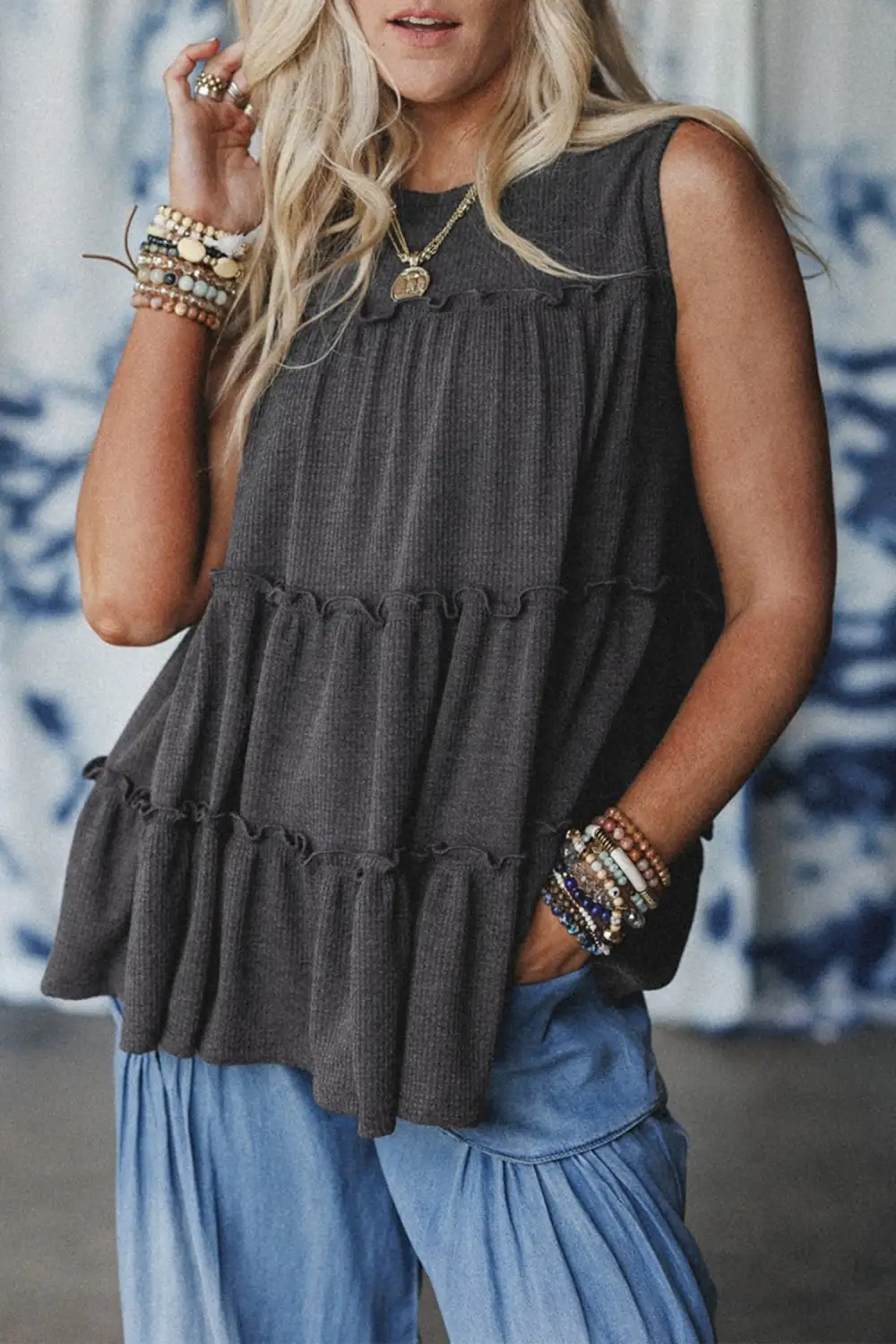 Tiered Frill Trim Line Tank Top