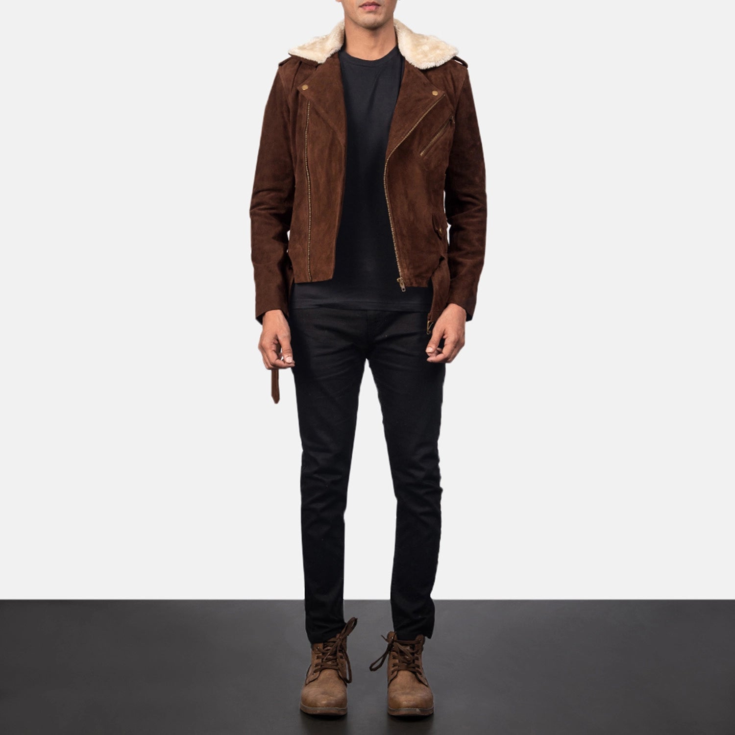 Men's Biker Suede Fur Trim Jacket