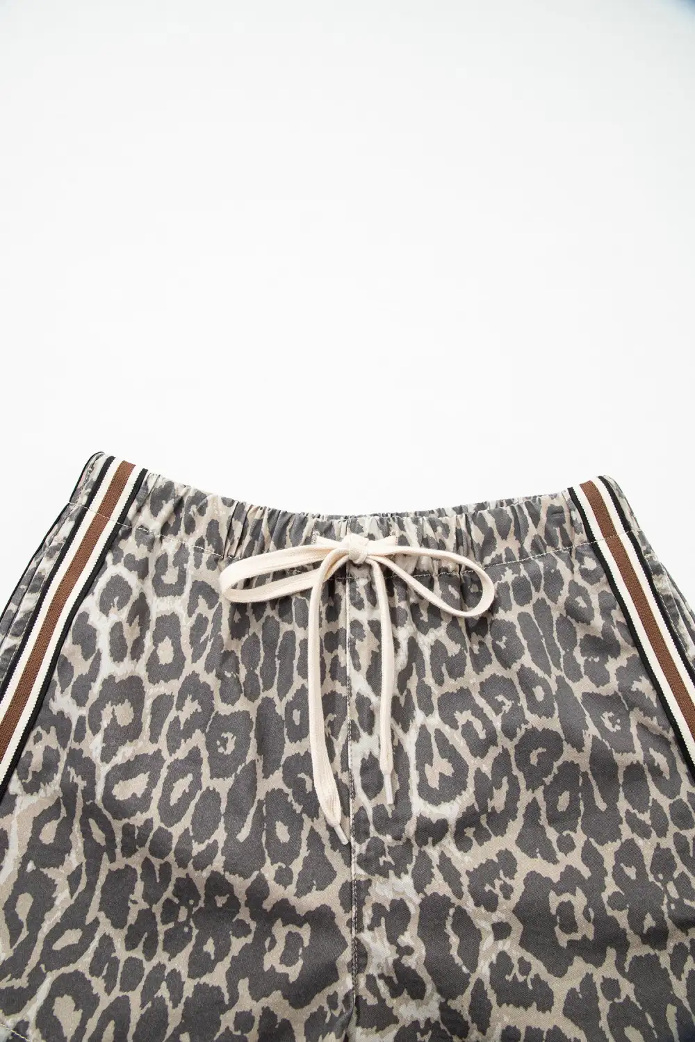 Drawstring Leopard-Print Striped Patchwork Denim Shorts