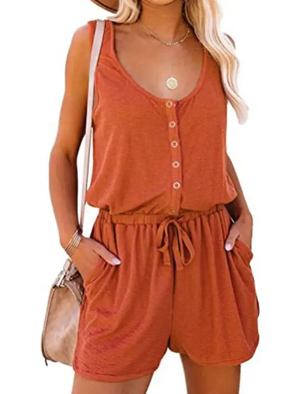 Sleeveless Jumpsuit Waist Tie Loose Wide Shorts