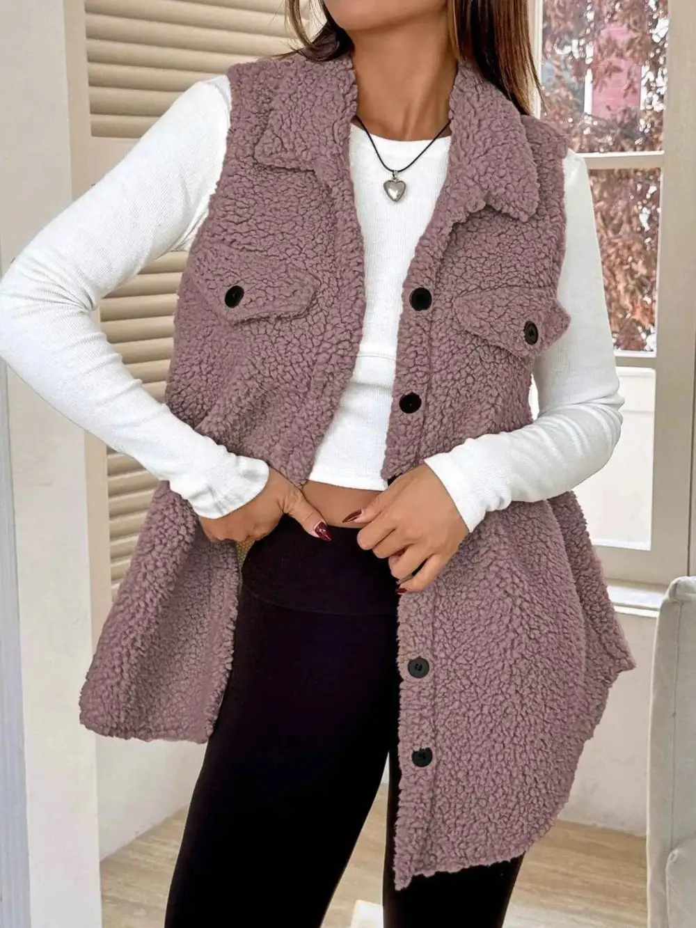 Button Down Sherpa Fleece Vest Coat