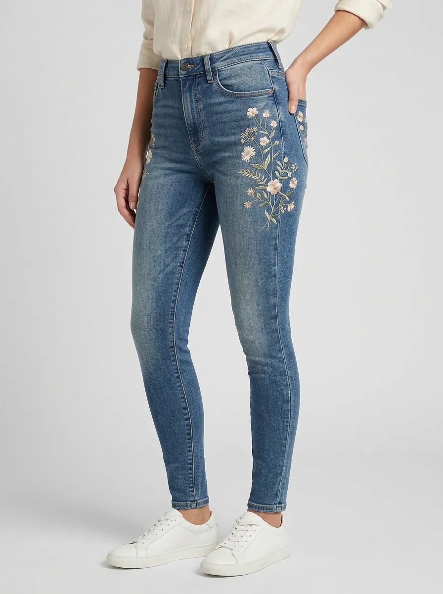 Women's Ridge Floral Daisy Embroidered Graphic Slim Jeans