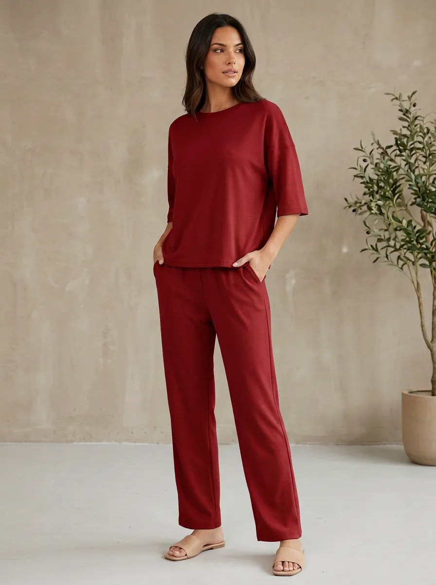 Women's Drop-Shoulder Crewneck Top And Straight-Leg Trouser Lounge Set