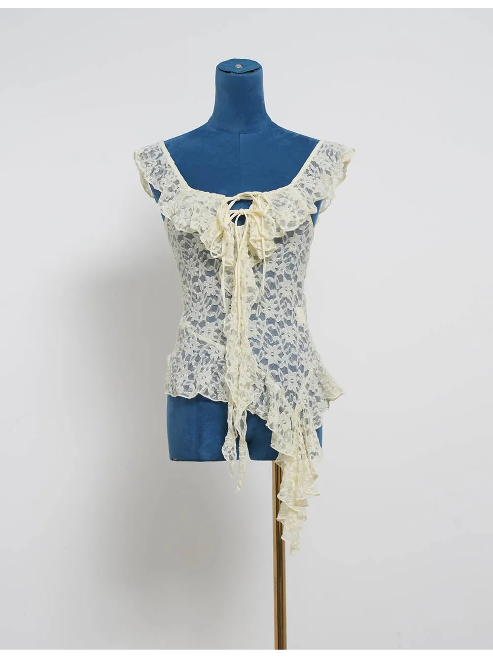 Boho Lace Ruffle Irregular Hem Front Tank Top