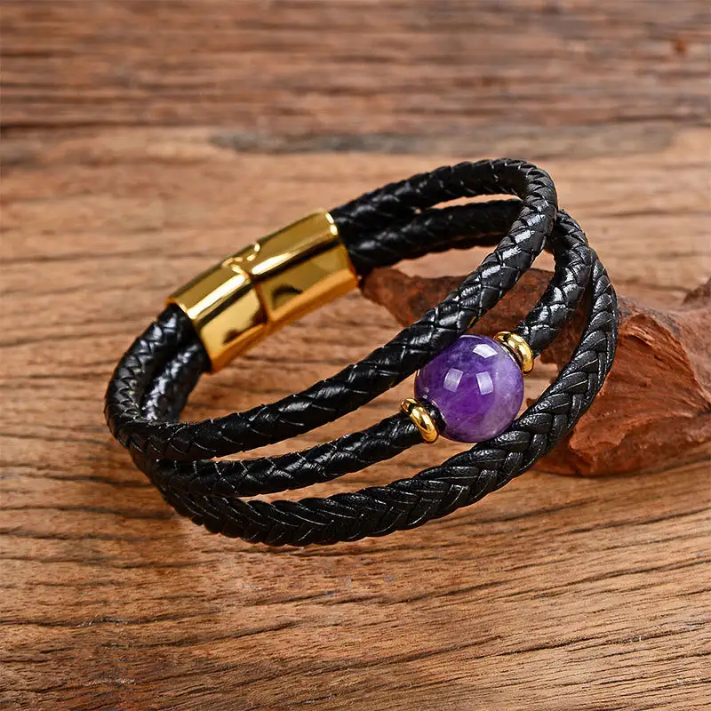 Bead Tiger Eye Amethyst Craved Leather Bracelet