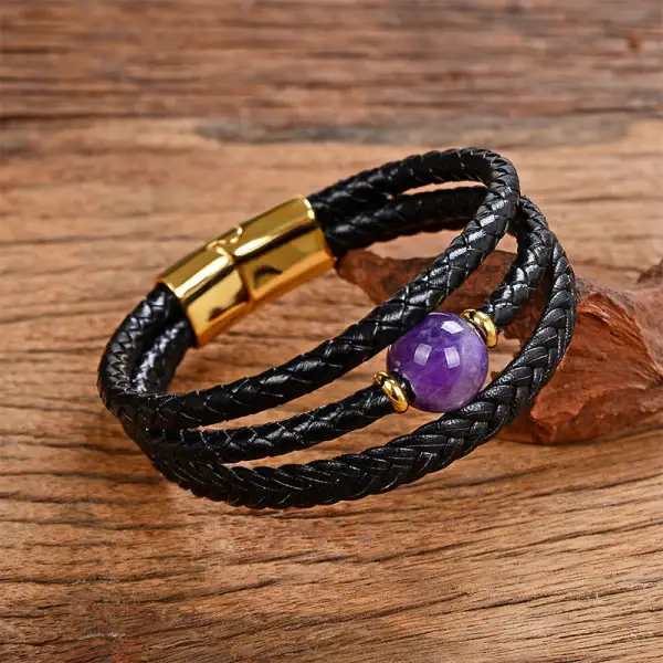 Bead Tiger Eye Amethyst Craved Leather Bracelet