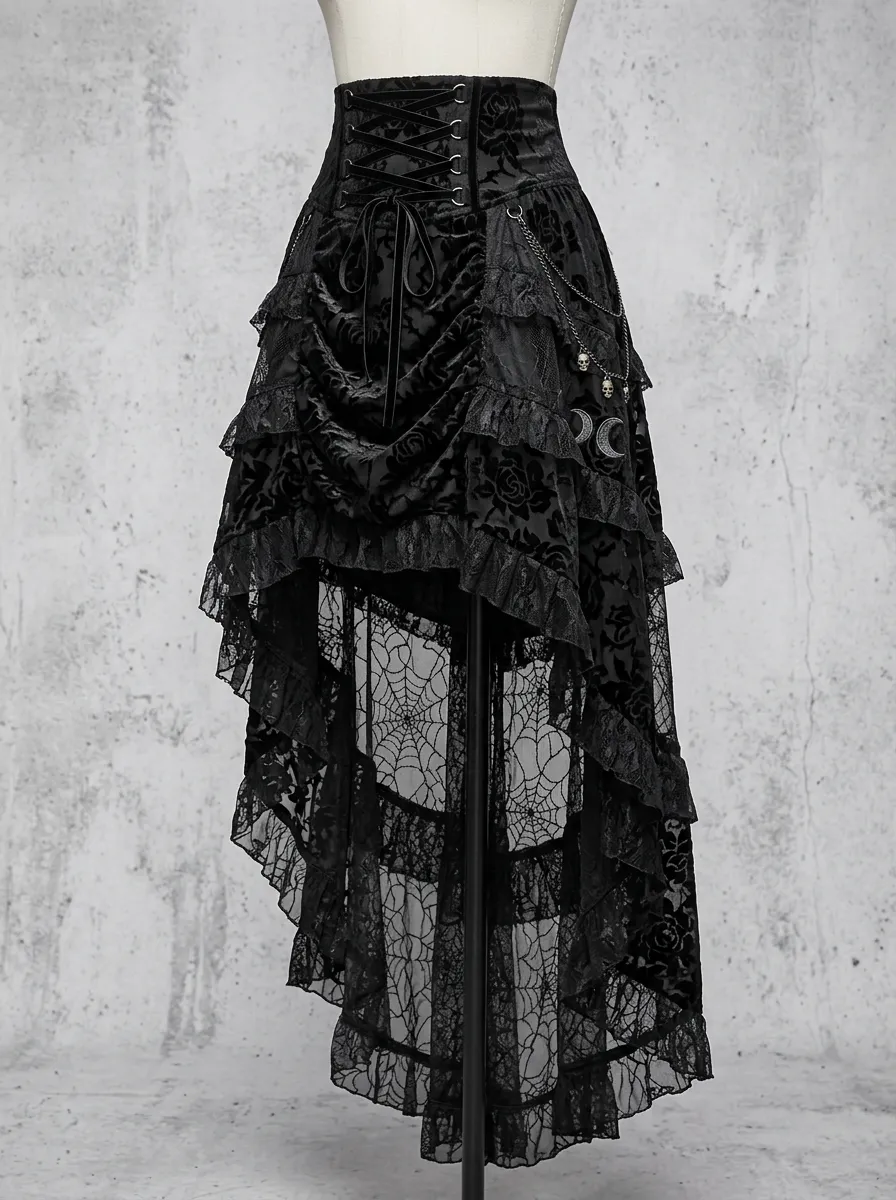 Noir Rose Spiderweb Lace Statement Women's Gothic High-Low Skirt