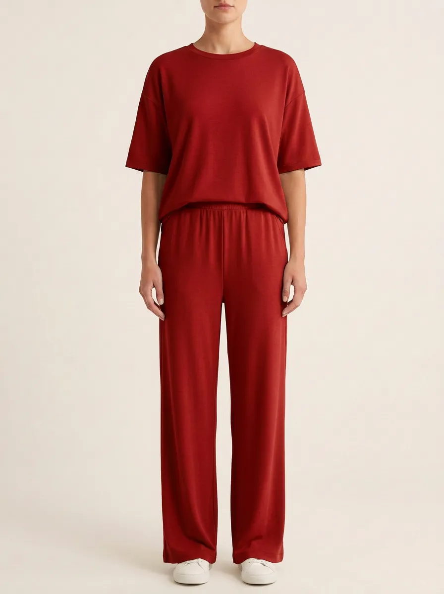 Women's Short-Sleeve Drop-Shoulder Crewneck Top And Wide-Leg Trouser Lounge Set