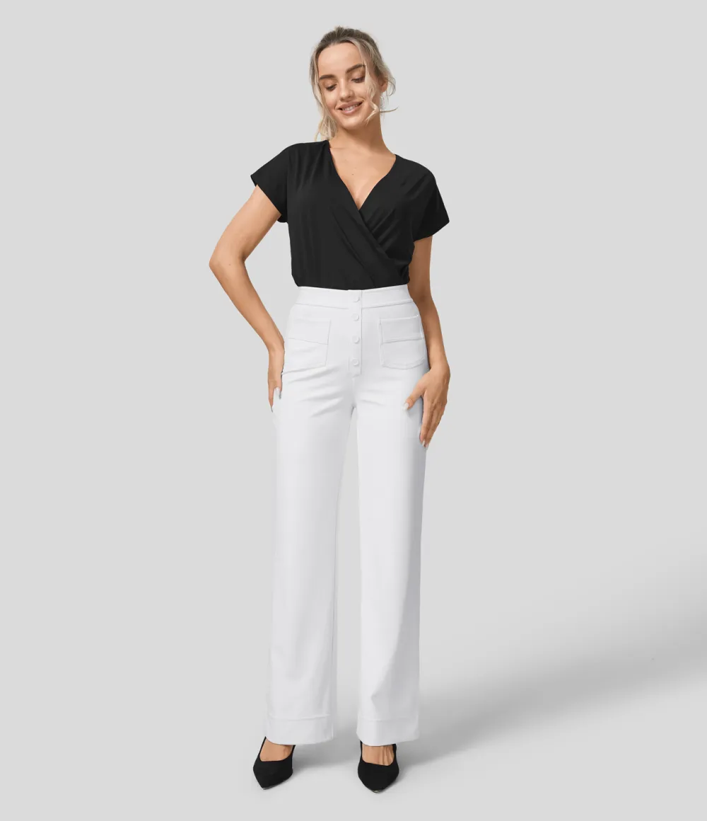 High Waisted Button Multiple Pockets Straight Leg Casual Pants
