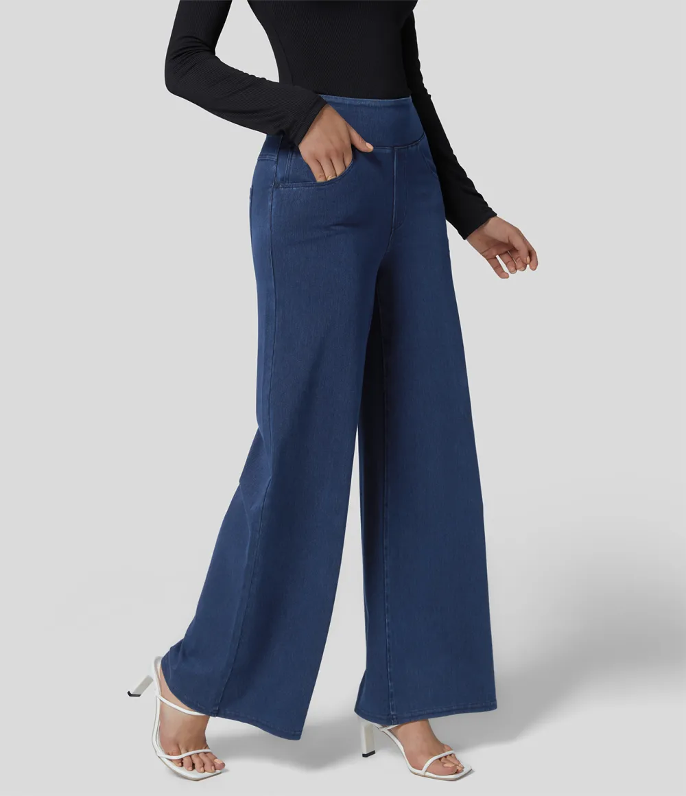 Magic High Waisted Multiple Pockets Wide Leg Loose Stretchy Knit Work Jeans
