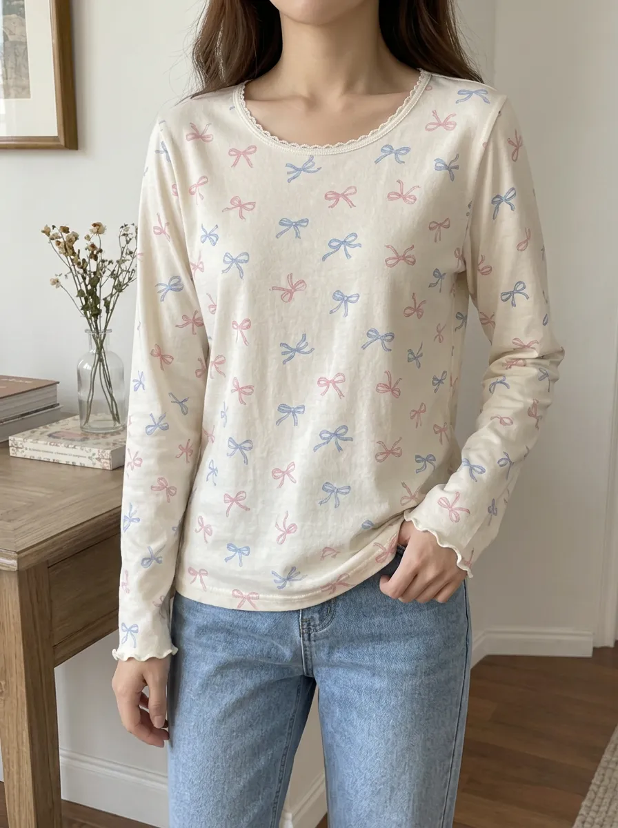 Women's Sweet Style Pink Blue Bowknot Printed Long Sleeve Top