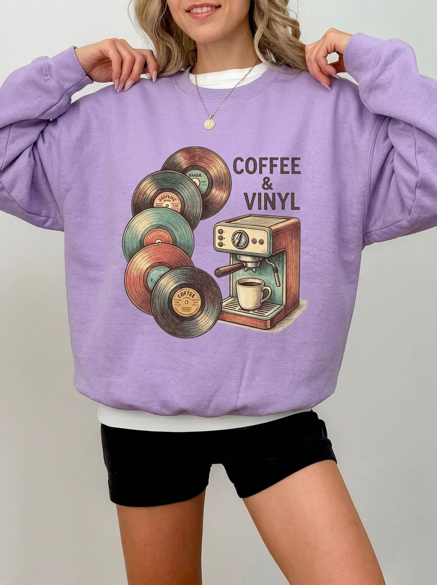 Women's Coffee Music Lover Vinyl Record Espresso Printed Sweatshirt