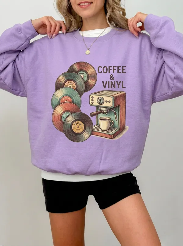 Women's Coffee Music Lover Vinyl Record Espresso Printed Sweatshirt