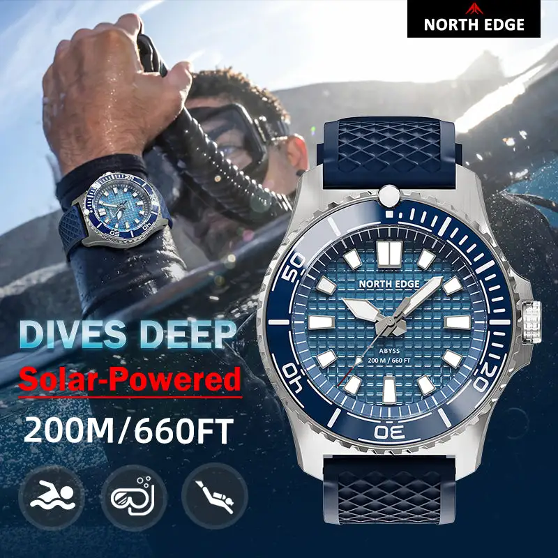 North Edge Solar Powered 200M Waterproof Ceramic Bezel Dive Watch ABYSS-Never needs a battery replacement
