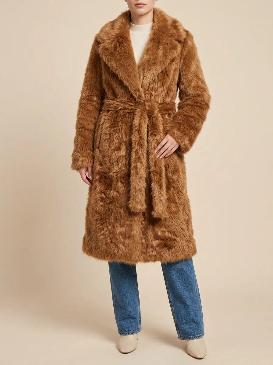 Open Front Faux Fur Belted Coat