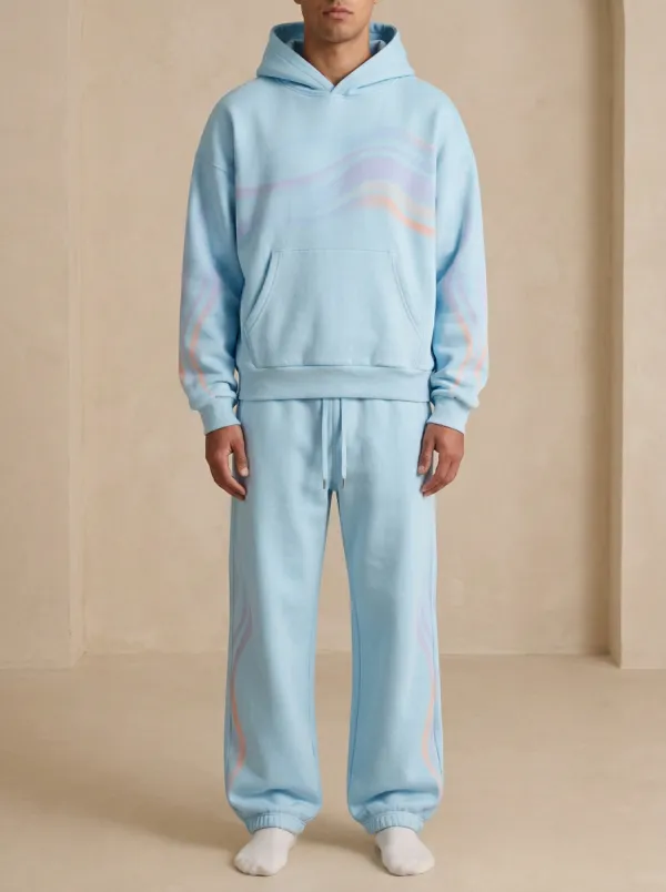 Men's Pastel Wavy Stripe Printed Hoodie Sweatpants Set