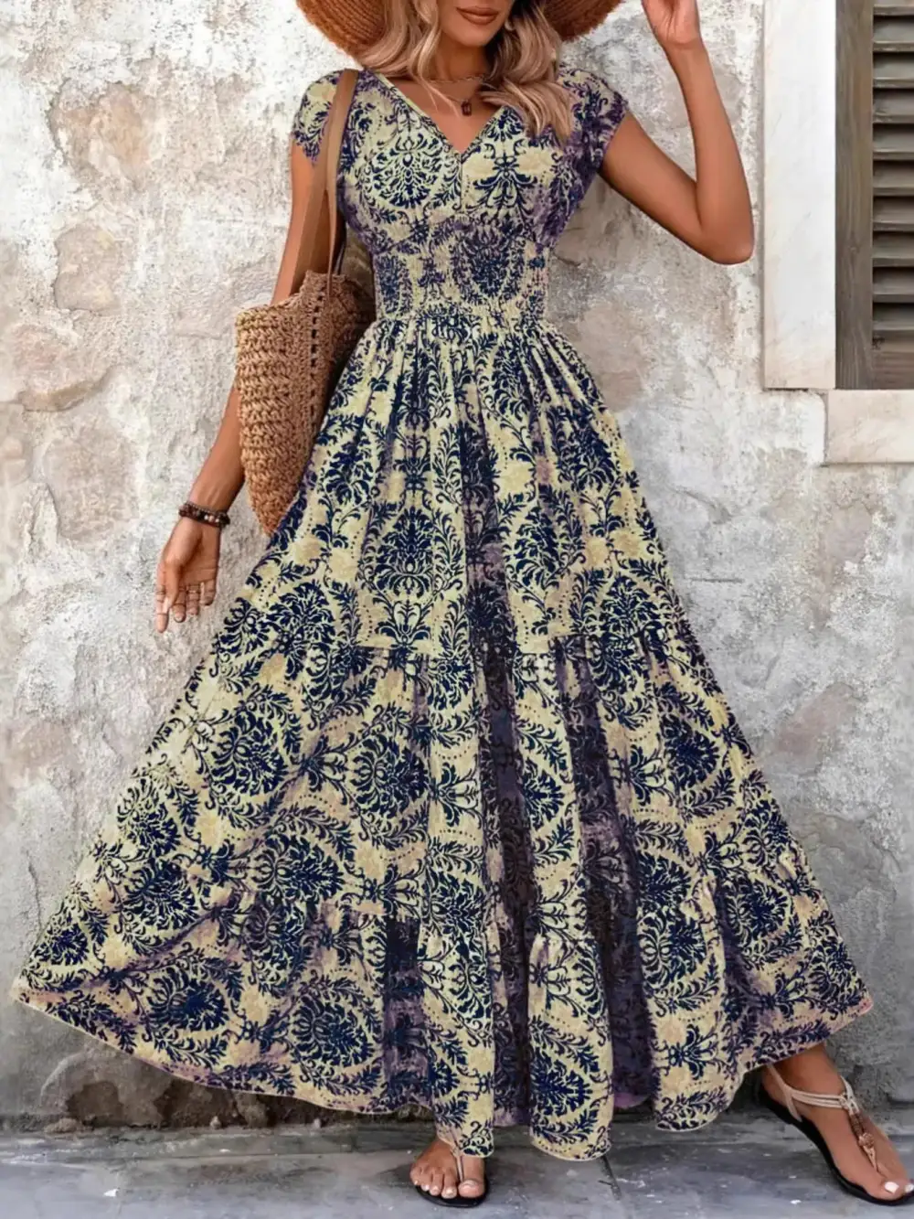 Printed V-Neck Cap Sleeve Maxi Dress