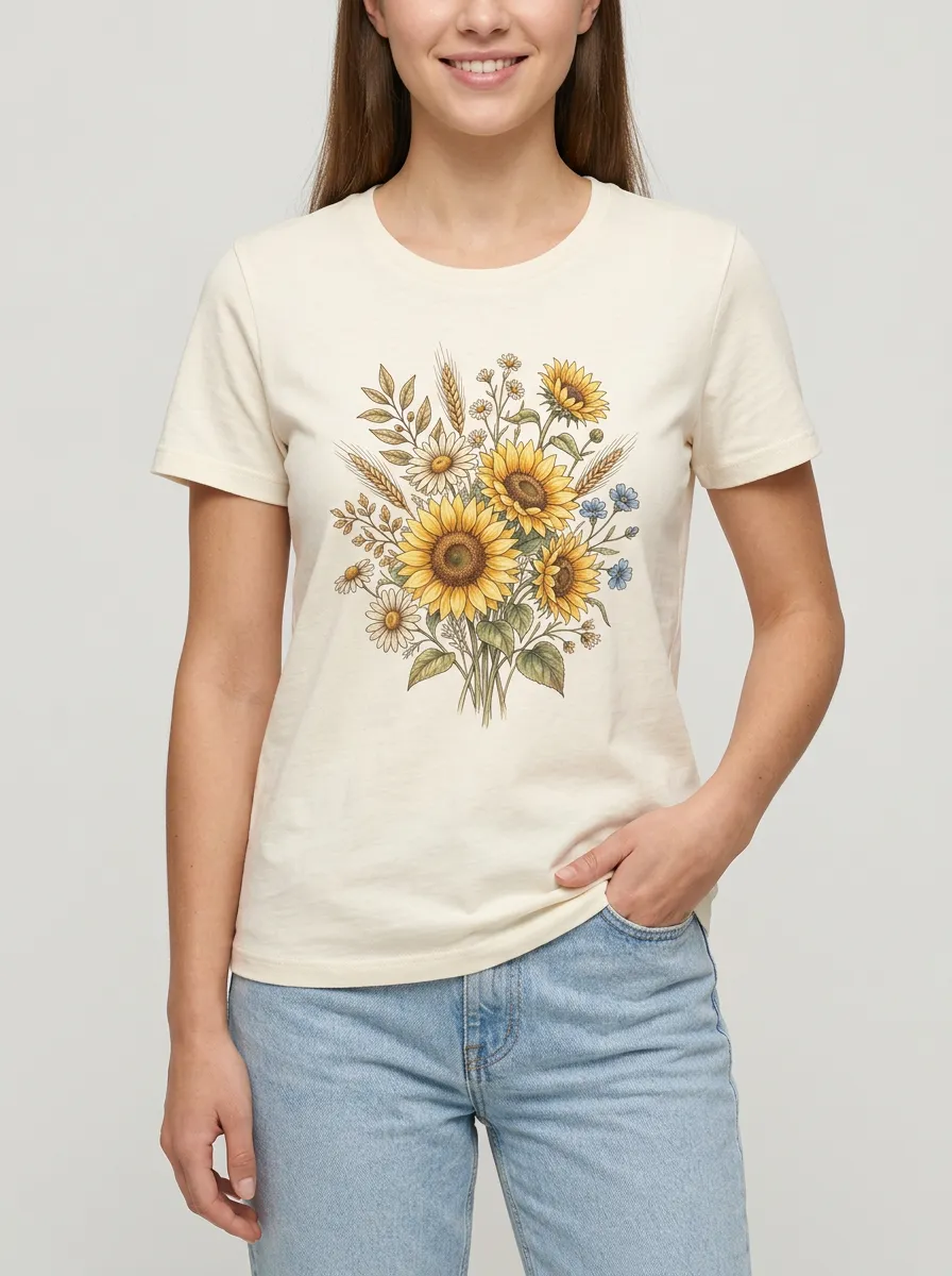 Women's Sunflower Daisy Bouquet Printed T-shirt